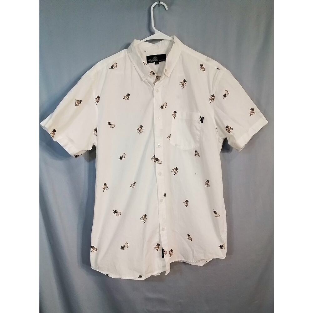 Molokai surf co.;  White button down with bulldogs